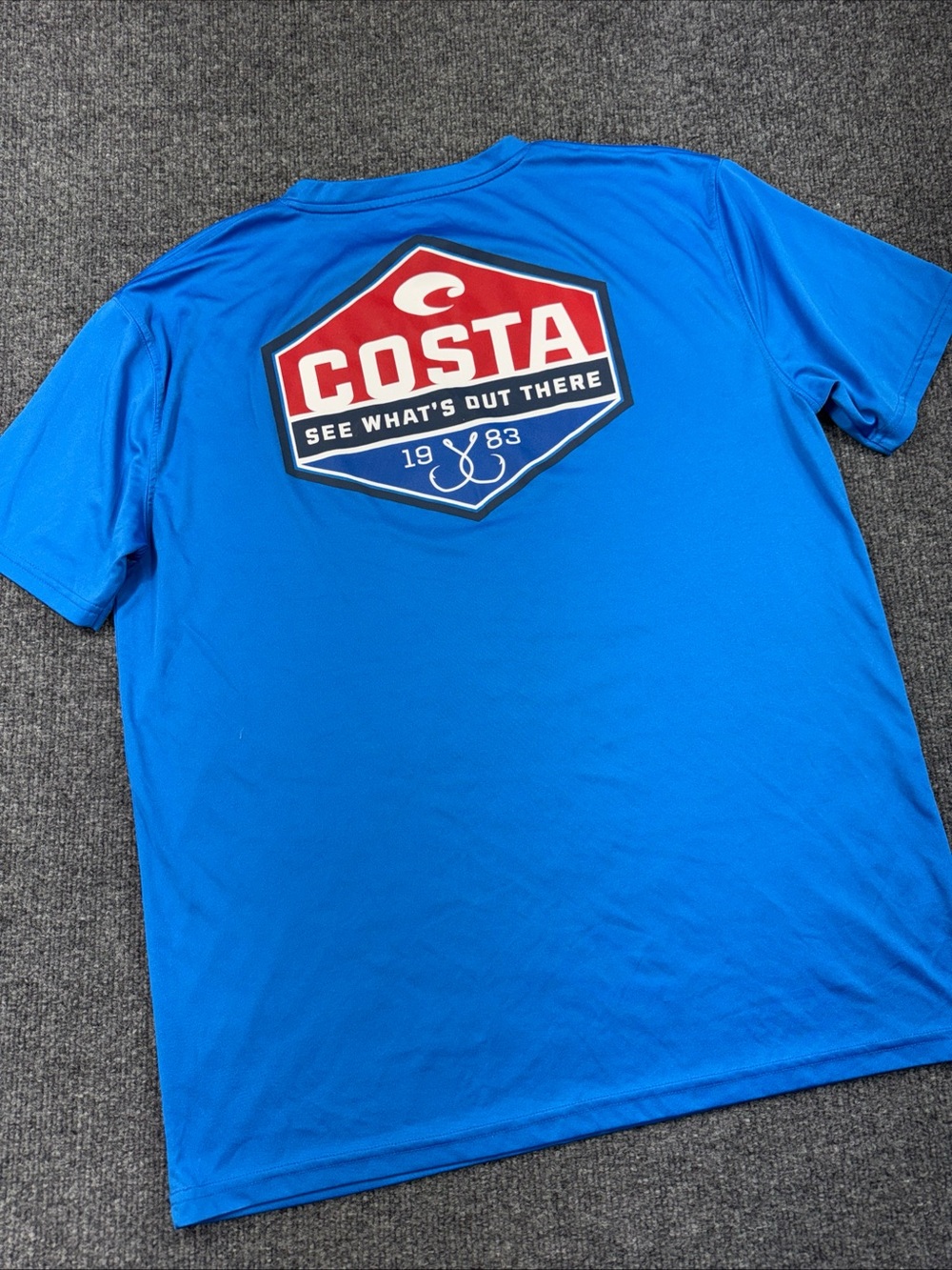 Mens Costa Performance T Shirt Blue Logo 100% Polyester sz Large